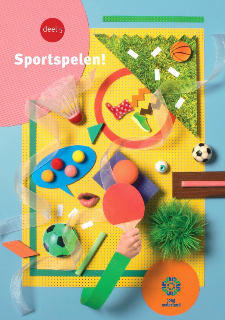 Cover Sportspelen! Verschillende sportattributen, zoals een voetbal, pingpongbatje, basketbal